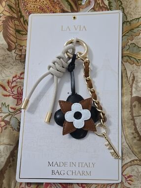 La Via Floral Leather Bag Charm in Brown, Black & White Made In Italy